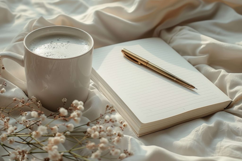 Carnet et stylo avec tasse de café — image d’illustration